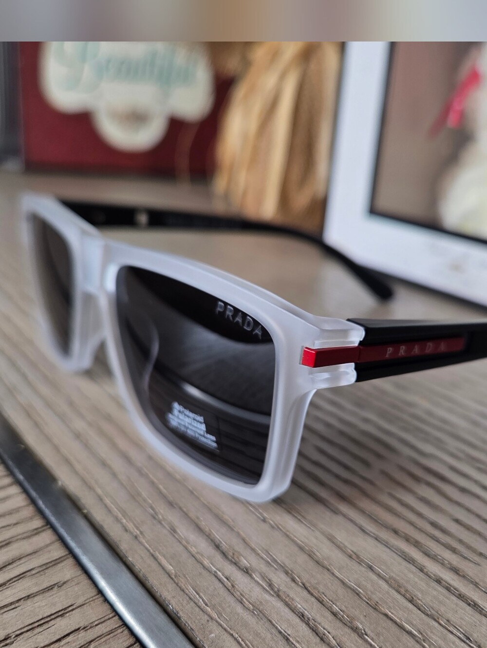 Prada Unisex Frosted White & Black Sunglasses with Red Accent